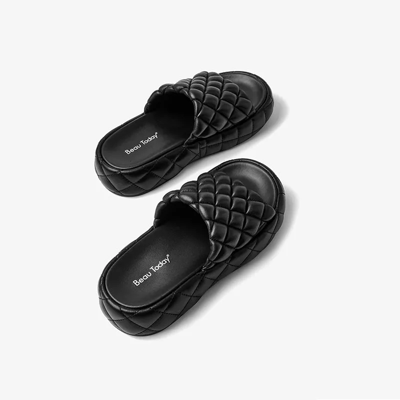 BeauToday Soft Round Toe Leather Woven Chunky Slippers for Women