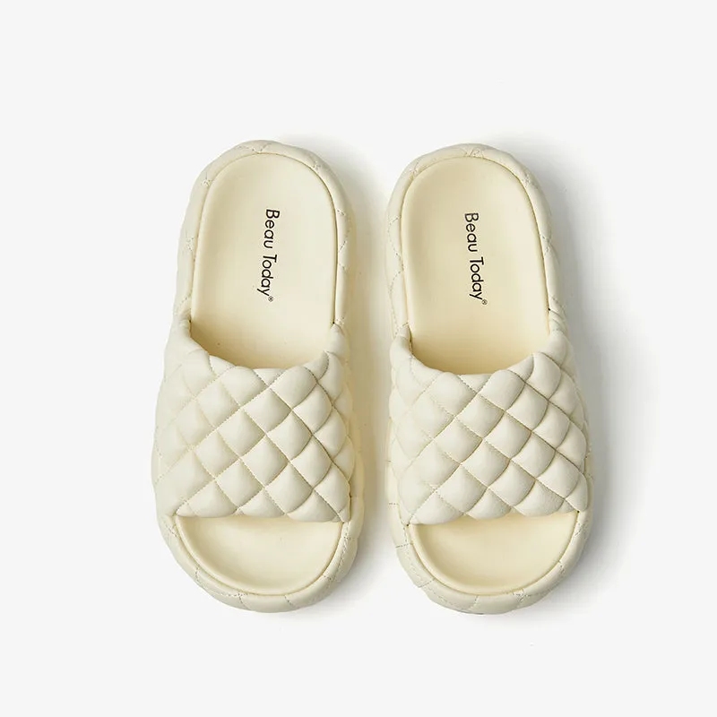 BeauToday Soft Round Toe Leather Woven Chunky Slippers for Women