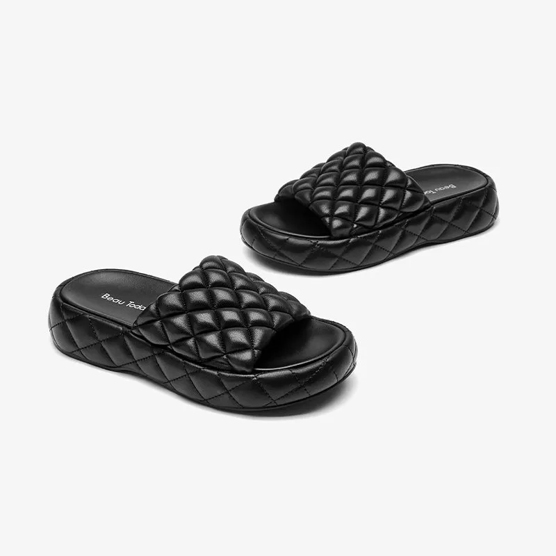 BeauToday Soft Round Toe Leather Woven Chunky Slippers for Women