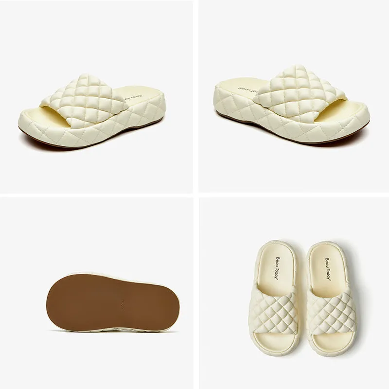 BeauToday Soft Round Toe Leather Woven Chunky Slippers for Women