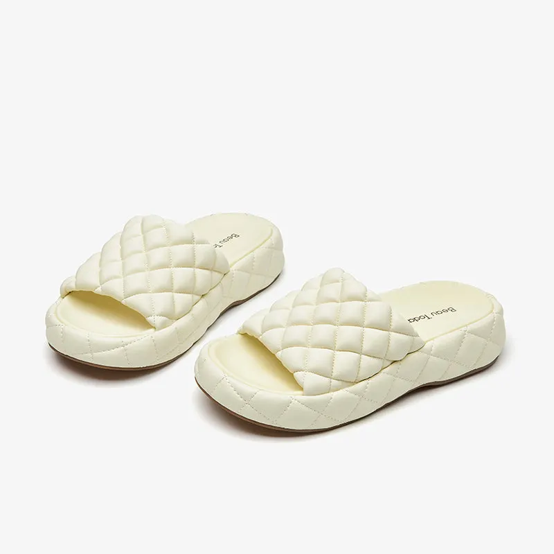 BeauToday Soft Round Toe Leather Woven Chunky Slippers for Women