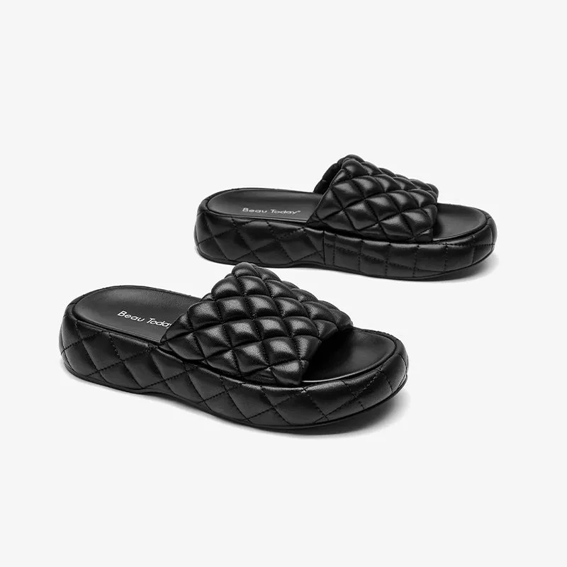 BeauToday Soft Round Toe Leather Woven Chunky Slippers for Women