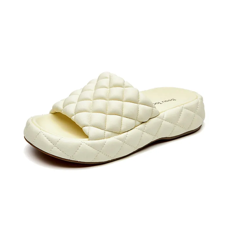 BeauToday Soft Round Toe Leather Woven Chunky Slippers for Women