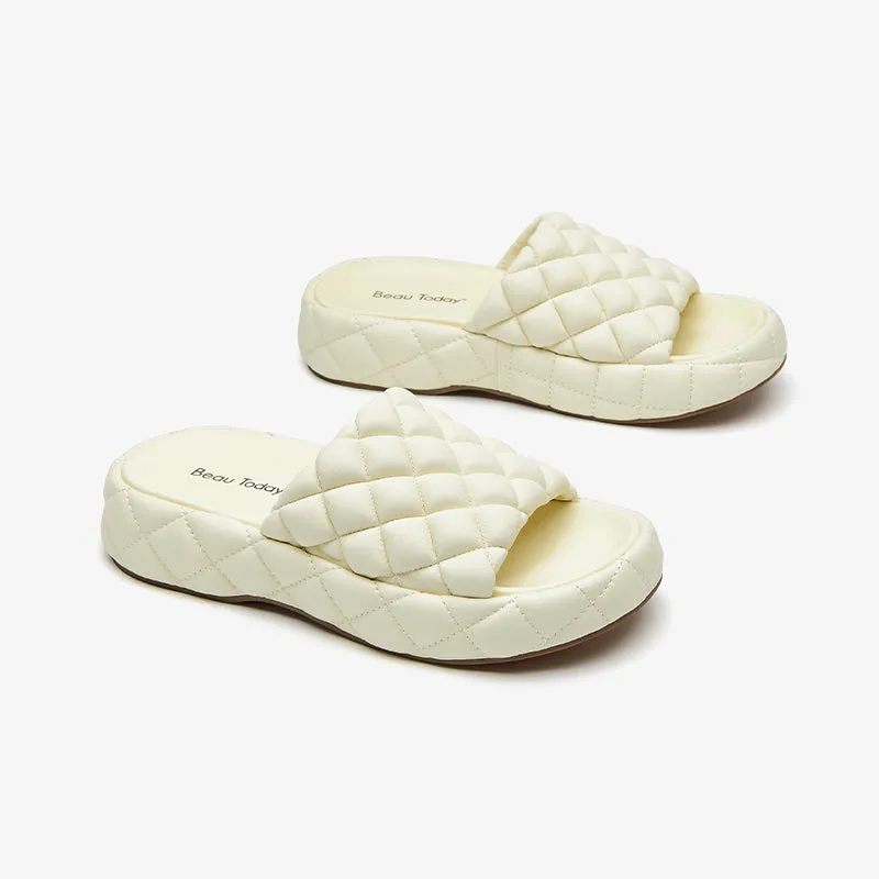BeauToday Soft Round Toe Leather Woven Chunky Slippers for Women