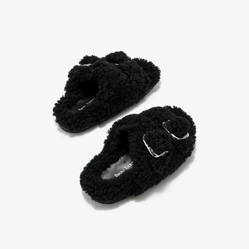 BeauToday Women's Warm Fuzzy Slippers with Stylish Square Metal Decoration