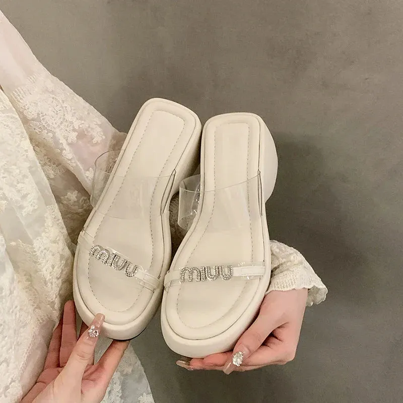 binfenxie Designer Summers Chunky Women Slippers Fashion Elegant Rhinestone Platform Thick Heel Slides Ladies Outdoor Beach Sandal