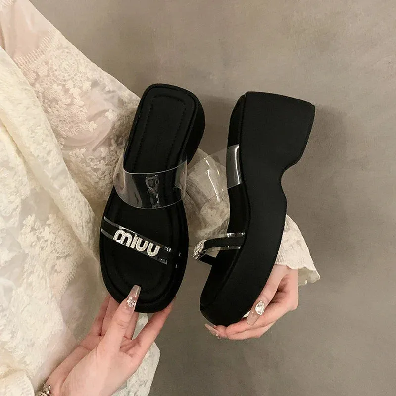 binfenxie Designer Summers Chunky Women Slippers Fashion Elegant Rhinestone Platform Thick Heel Slides Ladies Outdoor Beach Sandal