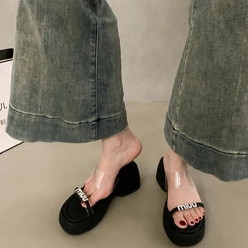 binfenxie Designer Summers Chunky Women Slippers Fashion Elegant Rhinestone Platform Thick Heel Slides Ladies Outdoor Beach Sandal