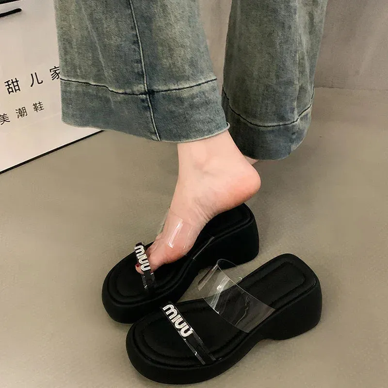 binfenxie Designer Summers Chunky Women Slippers Fashion Elegant Rhinestone Platform Thick Heel Slides Ladies Outdoor Beach Sandal