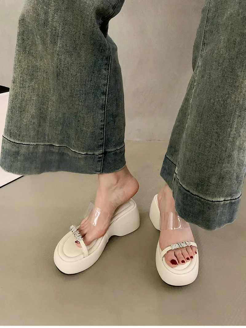 binfenxie Designer Summers Chunky Women Slippers Fashion Elegant Rhinestone Platform Thick Heel Slides Ladies Outdoor Beach Sandal