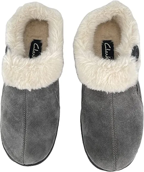 Clarks Grey Suede Leather Faux Fur Lined Comfortable Round Toe Ankle Slippers