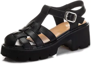 Dimleen Women's Closed Toe Fisherman Platform Sandals Adjustable Buckle Ankle Strap Hollow Out Chunky Y2K Gladiator Leather Caged Wedge Sandals (Black,4.5,Women,4.5)