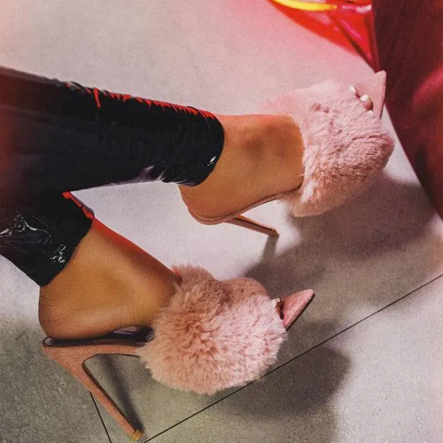 European Station Sandals Candy Color Luxury Rabbit Fur High Heel Sandals Slippers