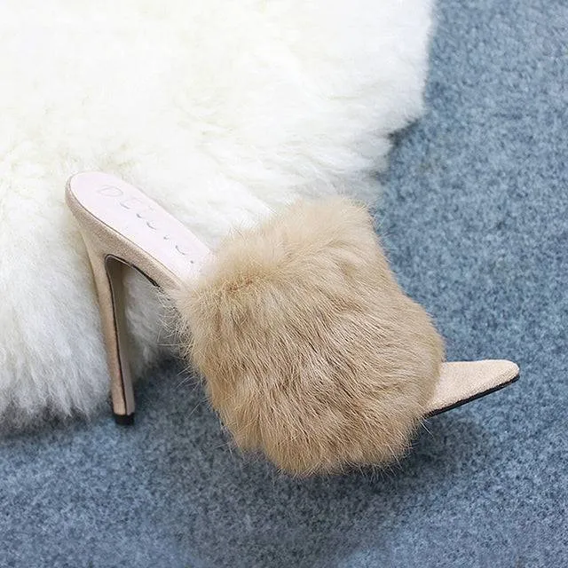 European Station Sandals Candy Color Luxury Rabbit Fur High Heel Sandals Slippers