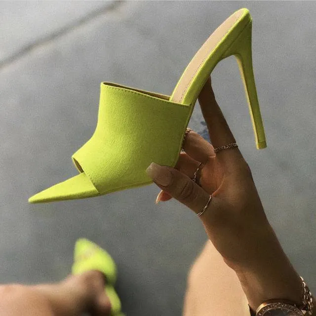 European Station Sandals Candy Color Luxury Rabbit Fur High Heel Sandals Slippers