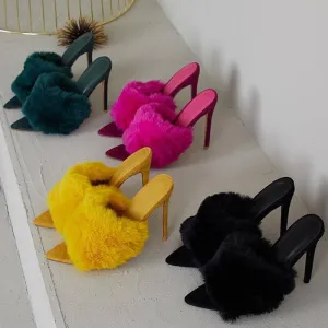 European Station Sandals Candy Color Luxury Rabbit Fur High Heel Sandals Slippers