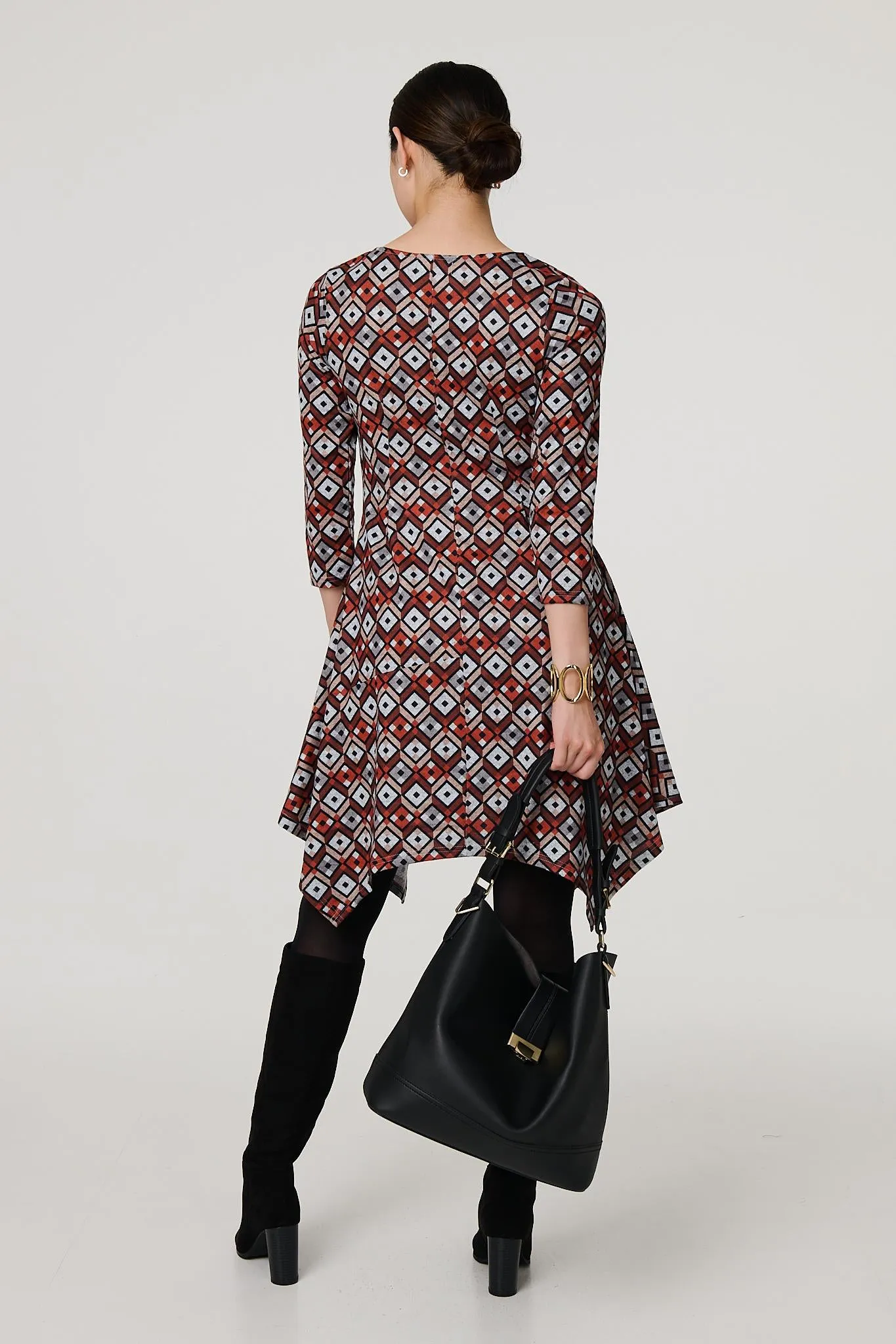 Geo Print Hanky Hem Jumper Dress