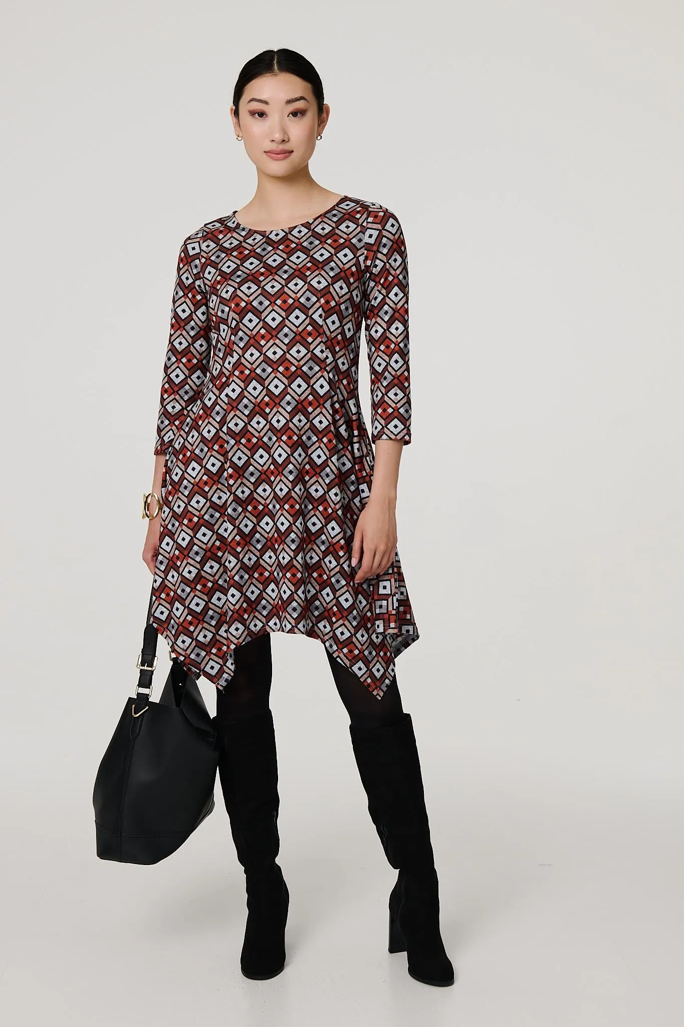 Geo Print Hanky Hem Jumper Dress