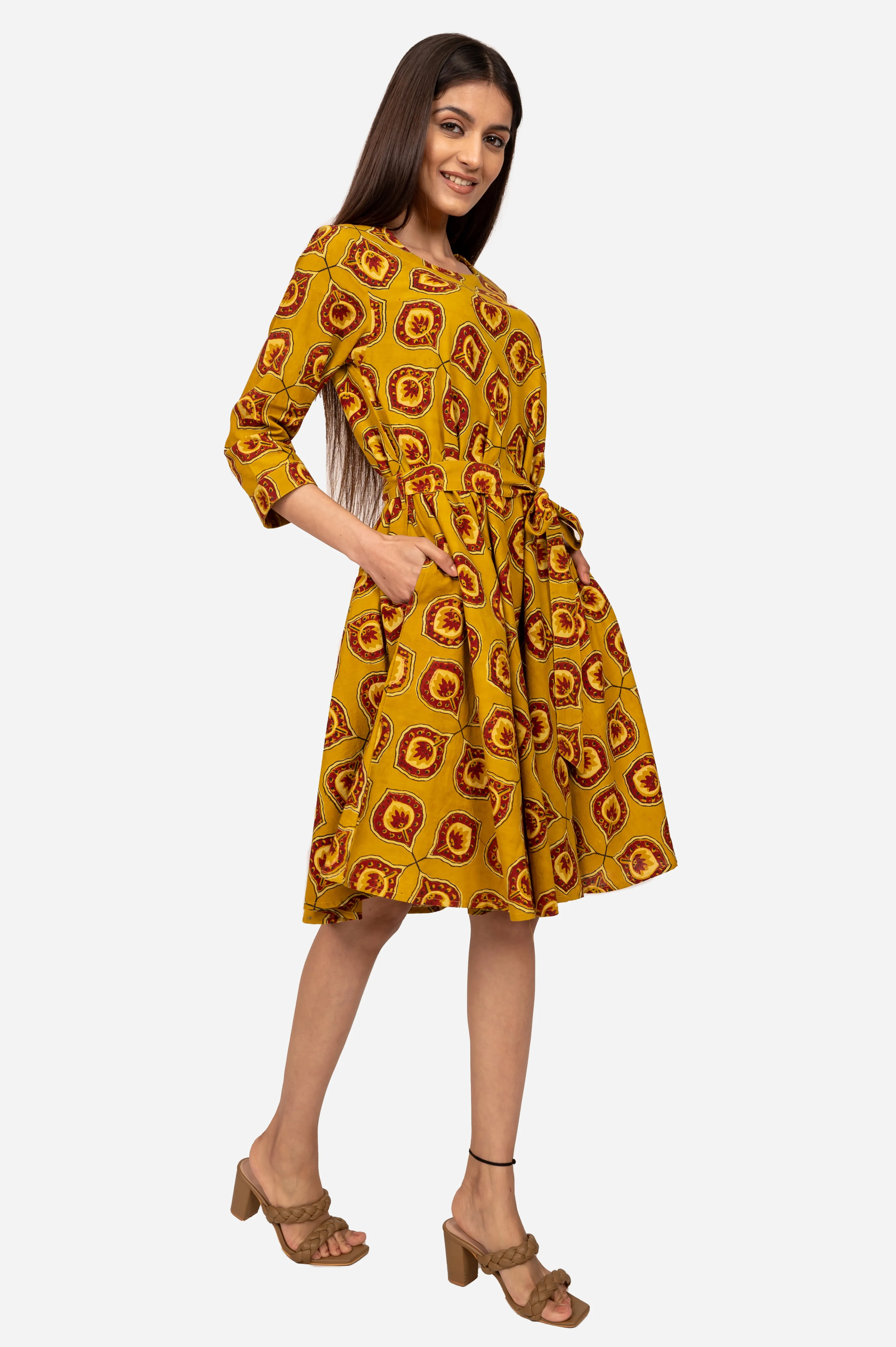 Mustard ajrakh flared dress