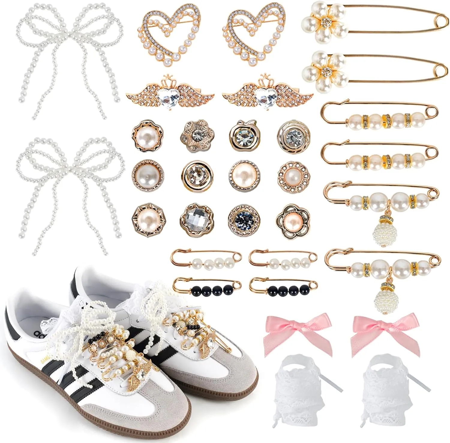 Shoe Charms for Sneakers 32 Pcs Junk Socks Charms Kit Contain Pearl Bows/Brooches/Clips/Pins/Jewelry DIY Shoelace Jewelry Decoration for Women