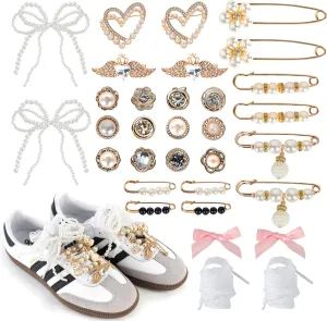 Shoe Charms for Sneakers 32 Pcs Junk Socks Charms Kit Contain Pearl Bows/Brooches/Clips/Pins/Jewelry DIY Shoelace Jewelry Decoration for Women