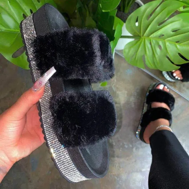 Slippers Rhinestone Wedges Fluffy Soft Furry Slides Outdoor Beach Luxury Sexy Shoes