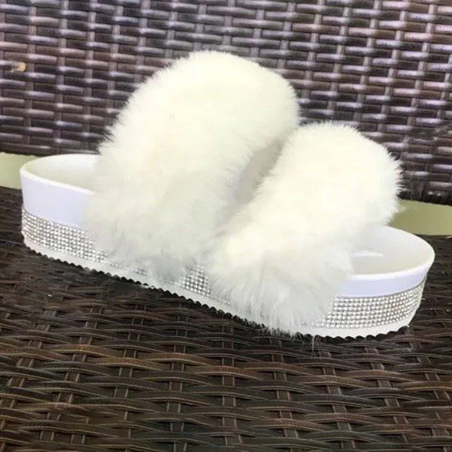 Slippers Rhinestone Wedges Fluffy Soft Furry Slides Outdoor Beach Luxury Sexy Shoes