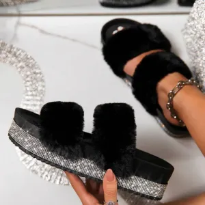 Slippers Rhinestone Wedges Fluffy Soft Furry Slides Outdoor Beach Luxury Sexy Shoes