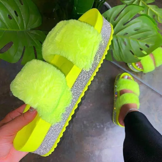 Slippers Rhinestone Wedges Fluffy Soft Furry Slides Outdoor Beach Luxury Sexy Shoes