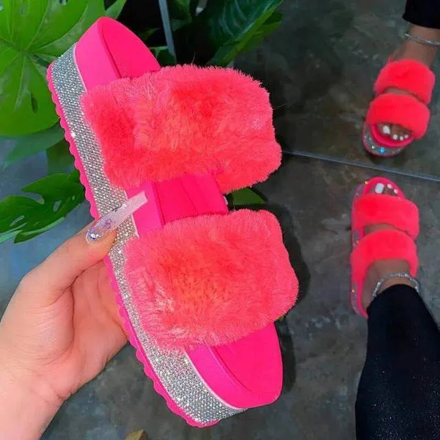 Slippers Rhinestone Wedges Fluffy Soft Furry Slides Outdoor Beach Luxury Sexy Shoes