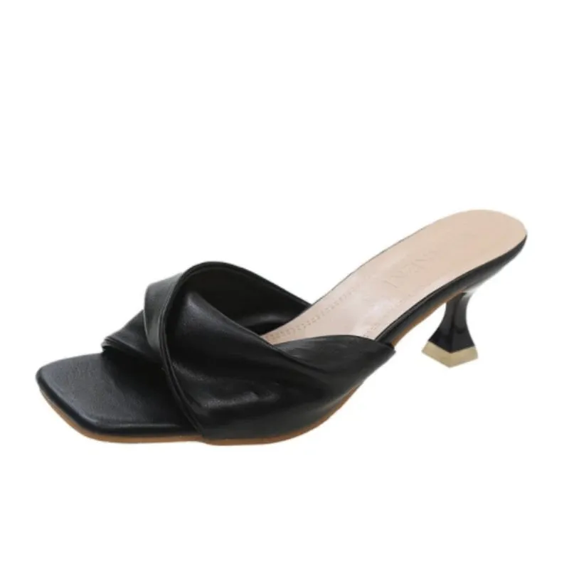 Sohiwoo New Fashion Summer Sexy Women's Stiletto Sandals Elegant Party Banquet Square Toe Medium Heel Fashion Slippers NO:619-1
