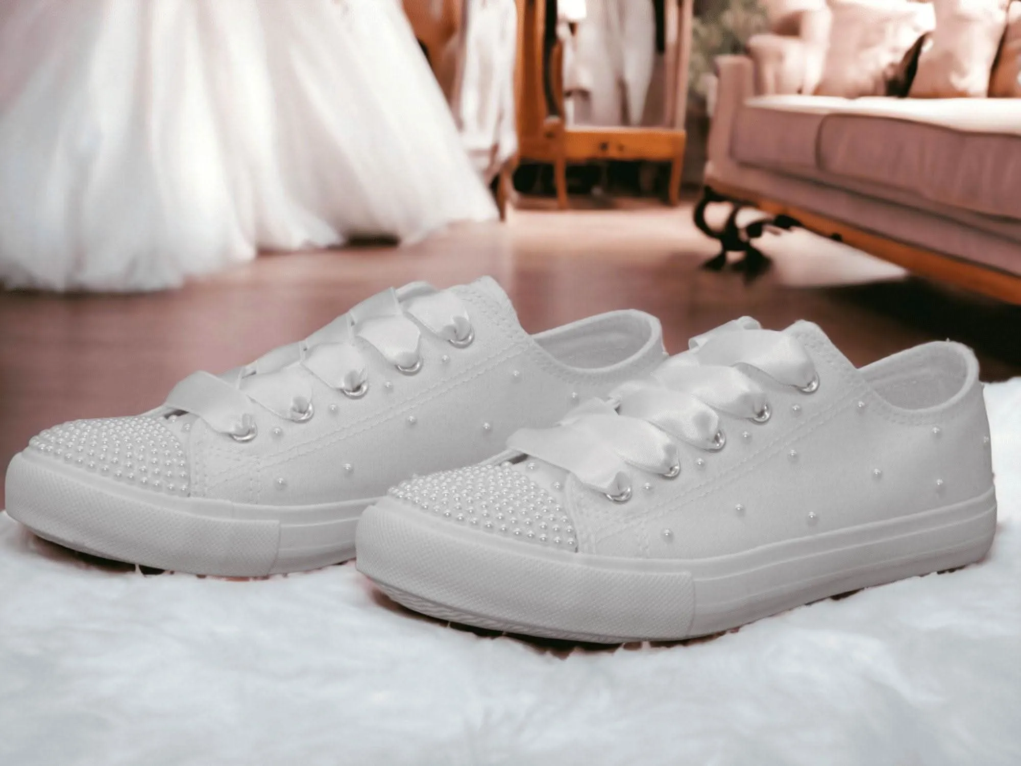 White Pearl  Canvas Wedding Trainers for Brides.