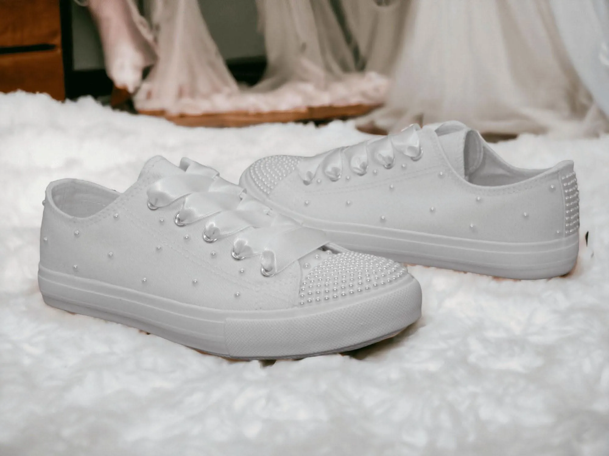 White Pearl  Canvas Wedding Trainers for Brides.