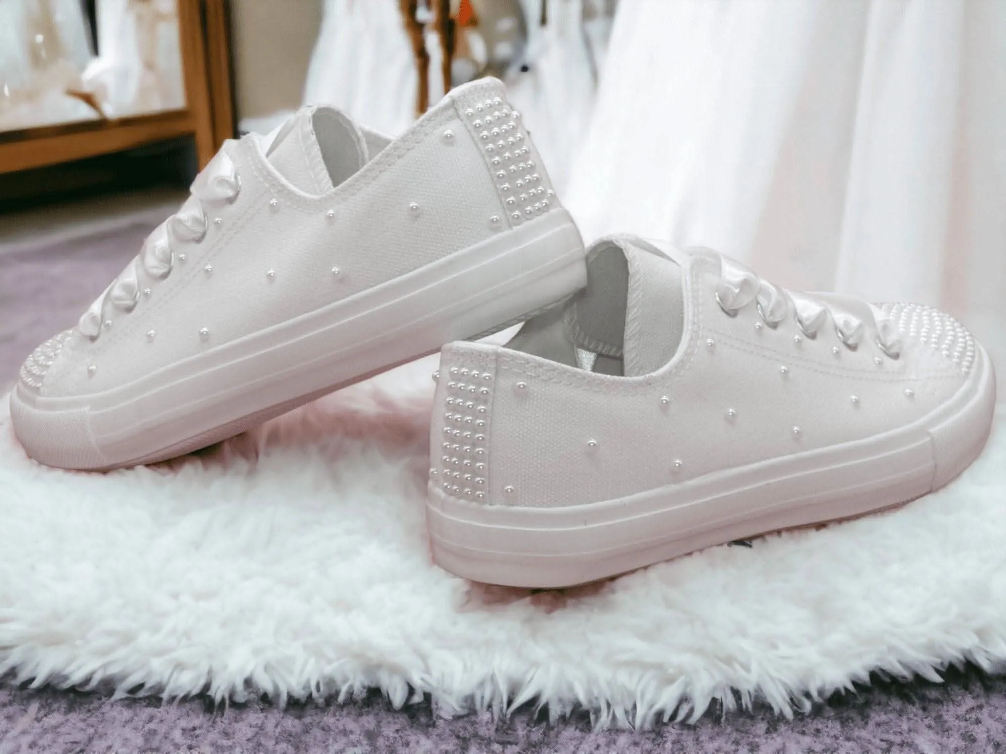 White Pearl  Canvas Wedding Trainers for Brides.