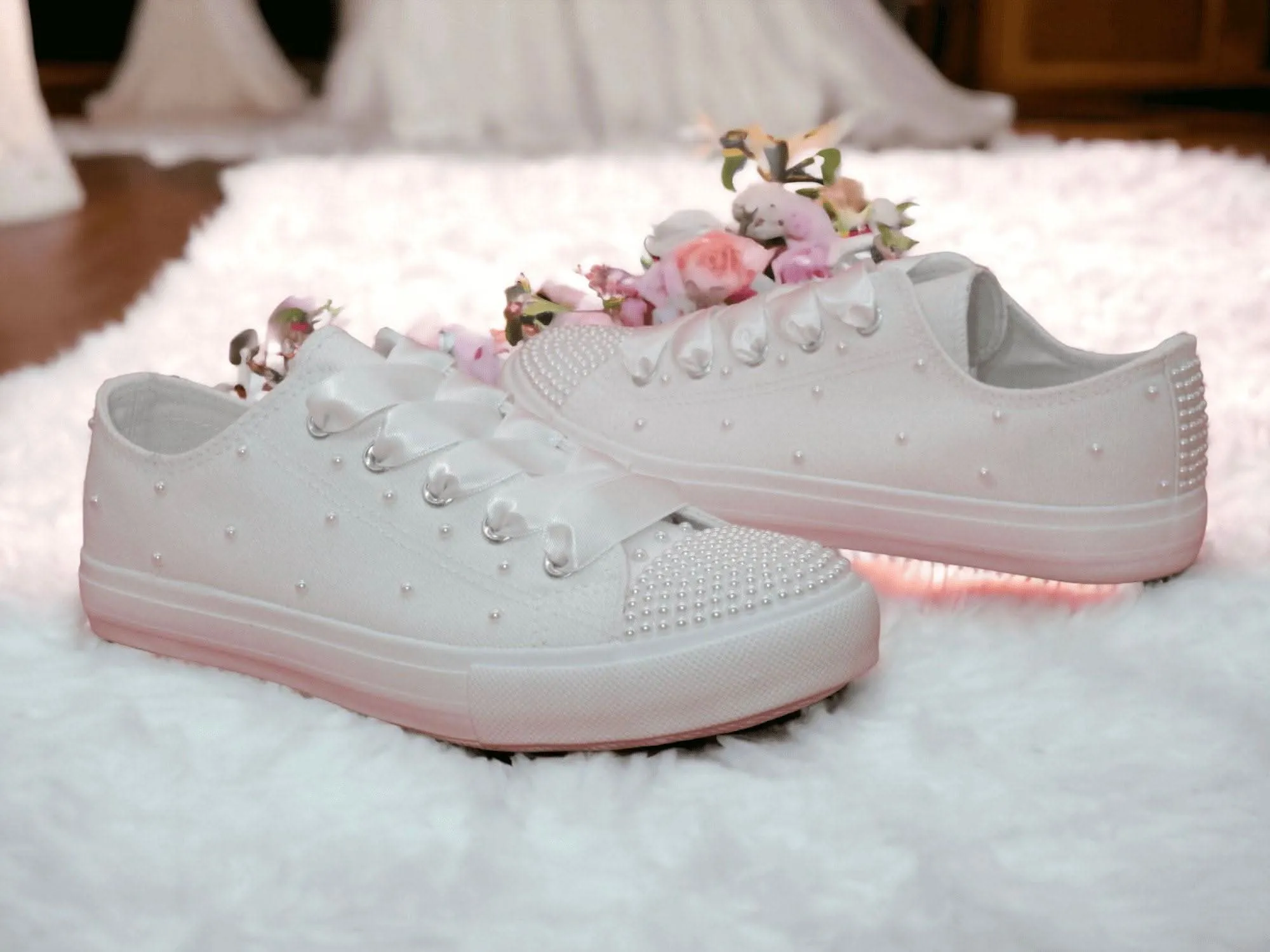 White Pearl  Canvas Wedding Trainers for Brides.