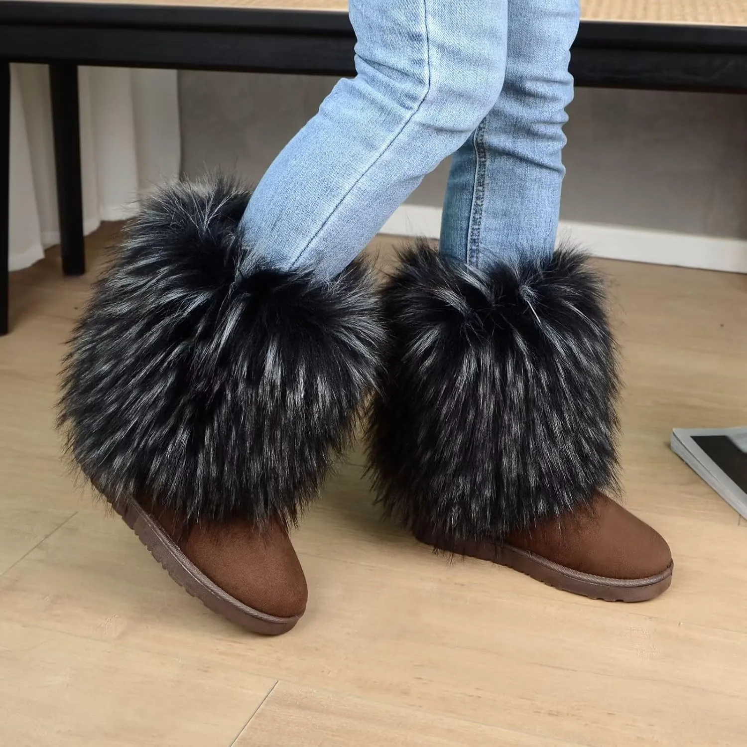 Women's Faux Fur Winter Snow Boot Fuzzy Fluffy Mid-Calf Snow Boots Suede Warm Fur Lined Booties Fashion Boots Suede Flat Ankle Boots Outdoor Indoor