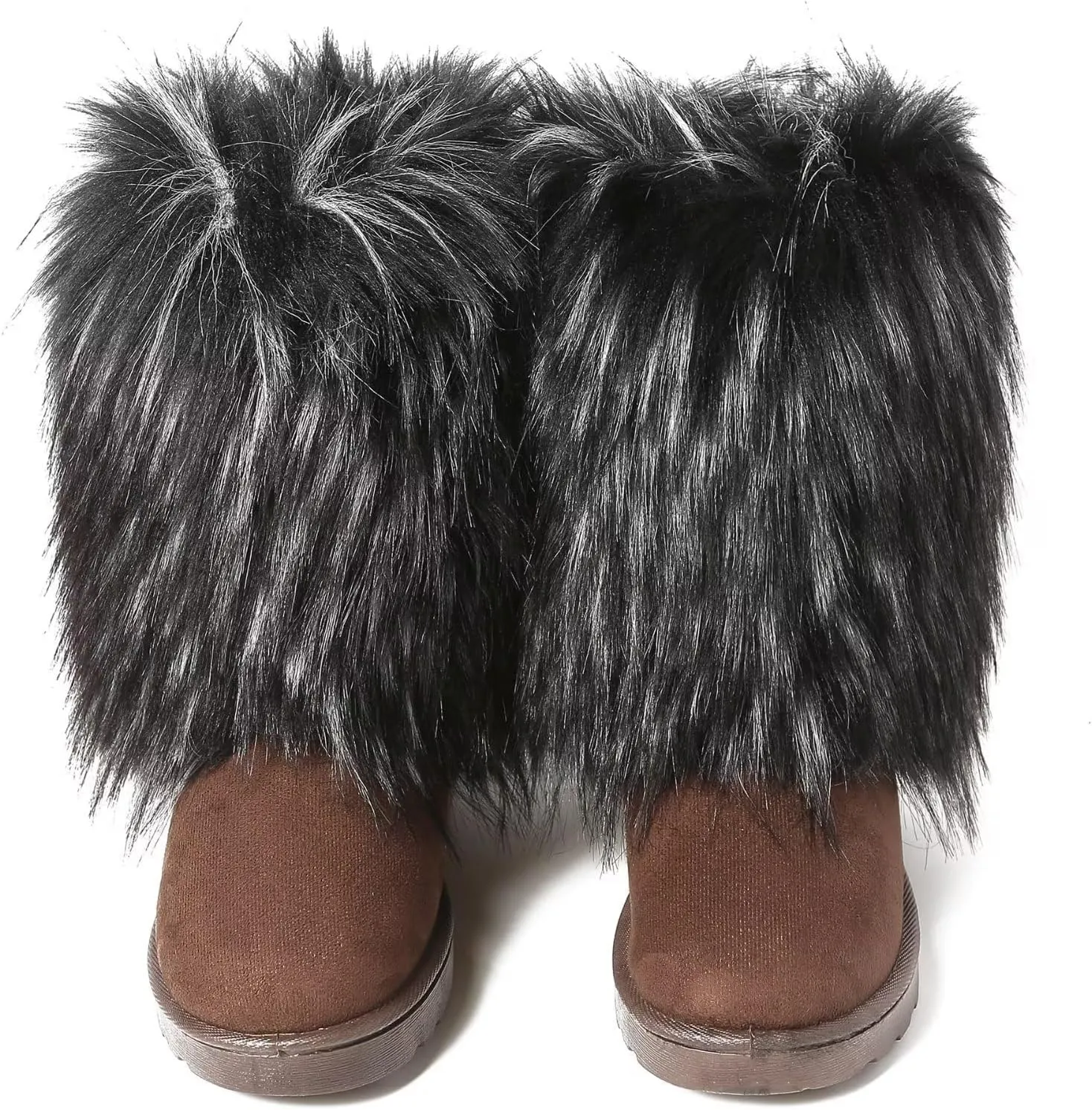 Women's Faux Fur Winter Snow Boot Fuzzy Fluffy Mid-Calf Snow Boots Suede Warm Fur Lined Booties Fashion Boots Suede Flat Ankle Boots Outdoor Indoor