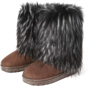 Women's Faux Fur Winter Snow Boot Fuzzy Fluffy Mid-Calf Snow Boots Suede Warm Fur Lined Booties Fashion Boots Suede Flat Ankle Boots Outdoor Indoor