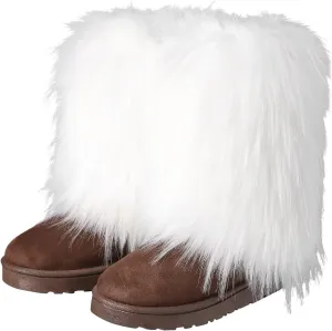 Women's Faux Fur Winter Snow Boot Fuzzy Fluffy Mid-Calf Snow Boots Suede Warm Fur Lined Booties Fashion Boots Suede Flat Ankle Boots Outdoor Indoor