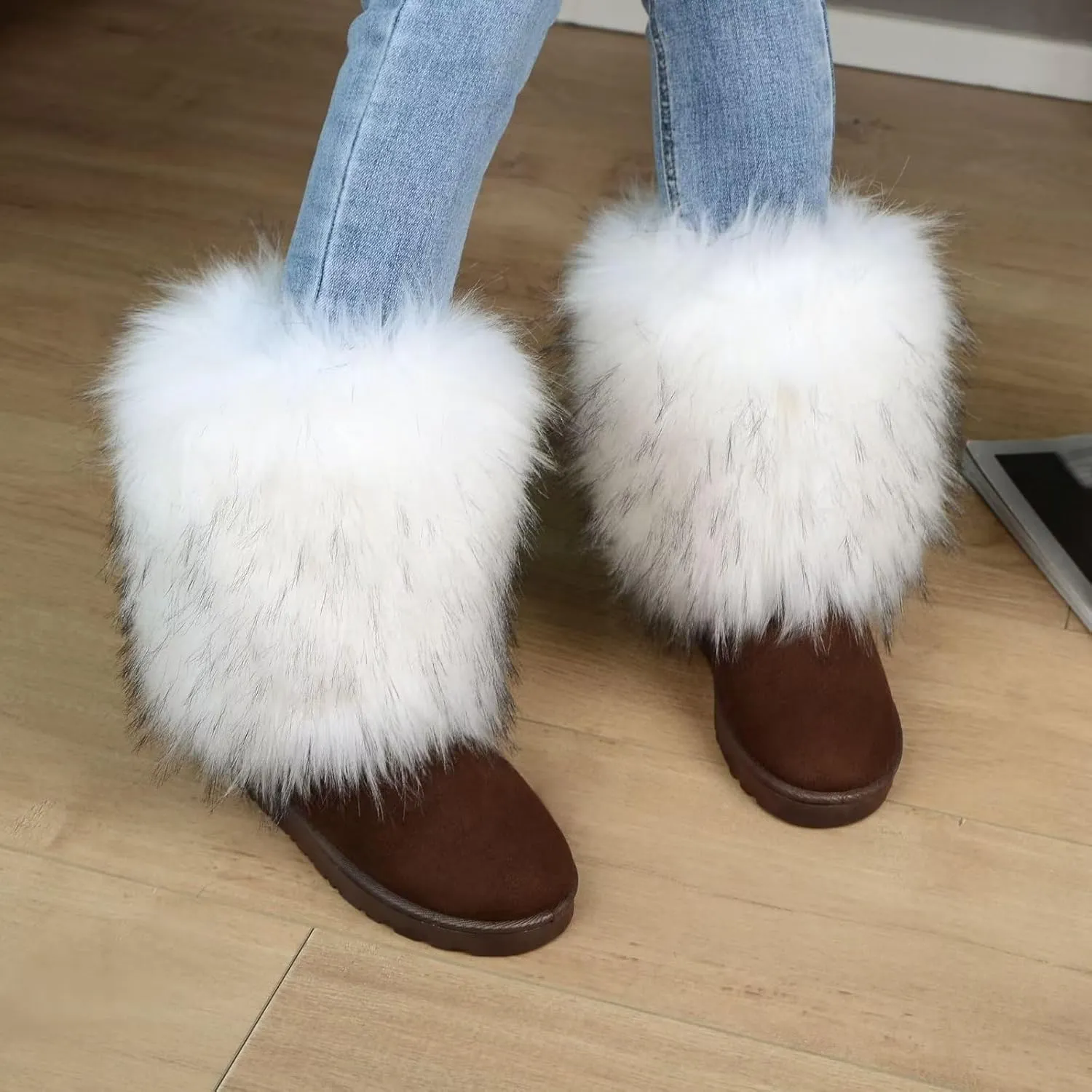 Women's Faux Fur Winter Snow Boot Fuzzy Fluffy Mid-Calf Snow Boots Suede Warm Fur Lined Booties Fashion Boots Suede Flat Ankle Boots Outdoor Indoor