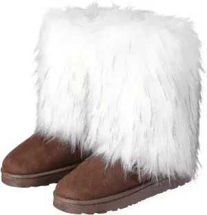 Women's Faux Fur Winter Snow Boot Fuzzy Fluffy Mid-Calf Snow Boots Suede Warm Fur Lined Booties Fashion Boots Suede Flat Ankle Boots Outdoor Indoor