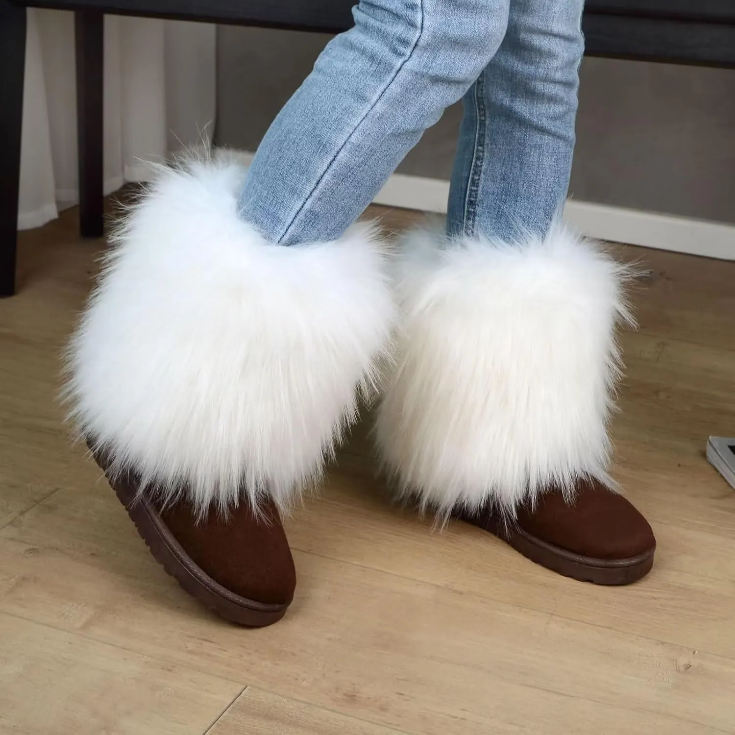 Women's Faux Fur Winter Snow Boot Fuzzy Fluffy Mid-Calf Snow Boots Suede Warm Fur Lined Booties Fashion Boots Suede Flat Ankle Boots Outdoor Indoor