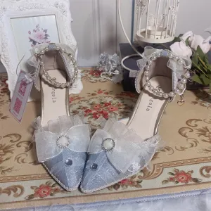 xiangtuibao Pearl Chain Sweet Lace Bowknot Elegant Princess  Pointed Sandals Lolita Shoes Silver Wedding Tea Party Cosplay Lolita Shoes